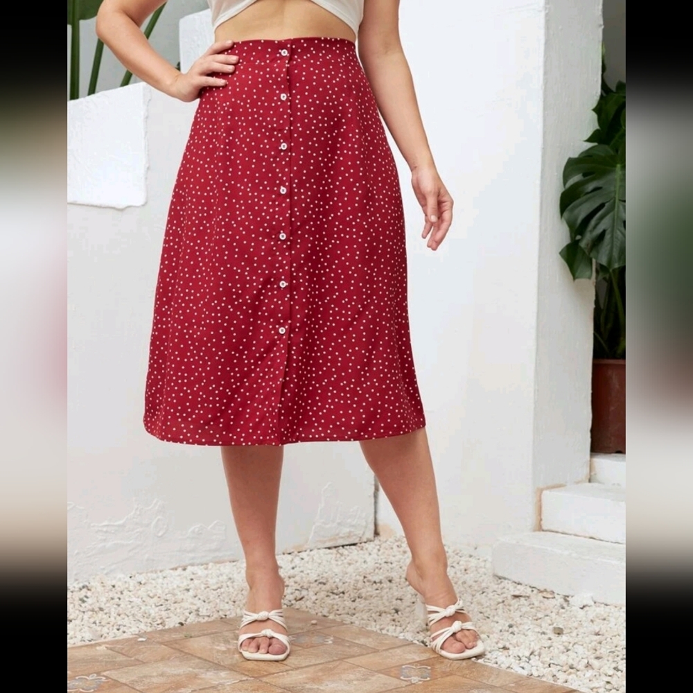 High waisted button up A-line midi skirt